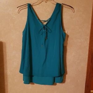 Double layer teal lace up tank top